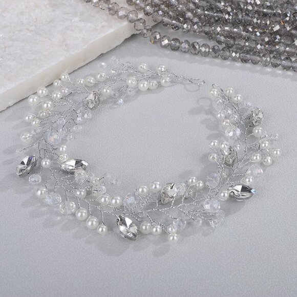 Silver Rhinestone Pearl Headband Bridal Wedding Hair Accessories for Women - Picture 2 of 4